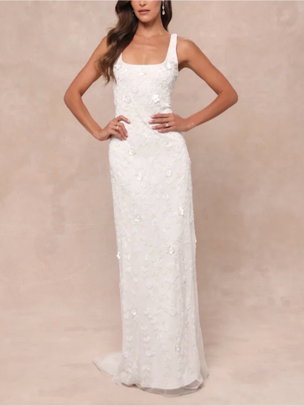 Lulu's Extraordinary Glamour White 3D Floral Beaded Backless Maxi Dress